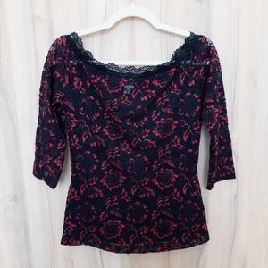 Y2K Venus Womens Lace Off Shoulder Top Size S Black Red Whimsigoth Dark Romantic
